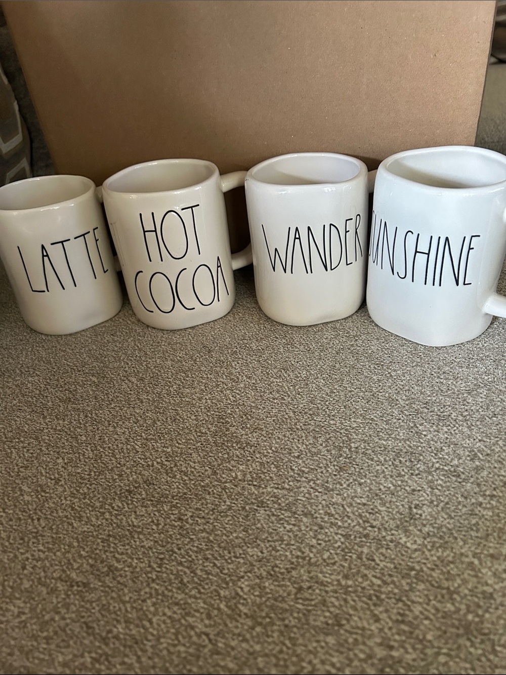 Rae Dunn White Ceramic 'Latte Hot Cocoa Wander Sunshine' Mug Set of 4